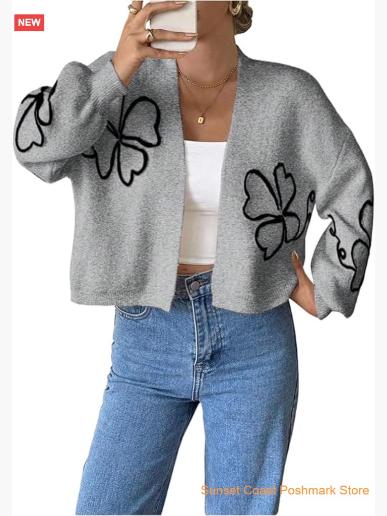 Floral Cropped Cardigan Sweater Open Front Long Sleeve Knit Casual Outerwear